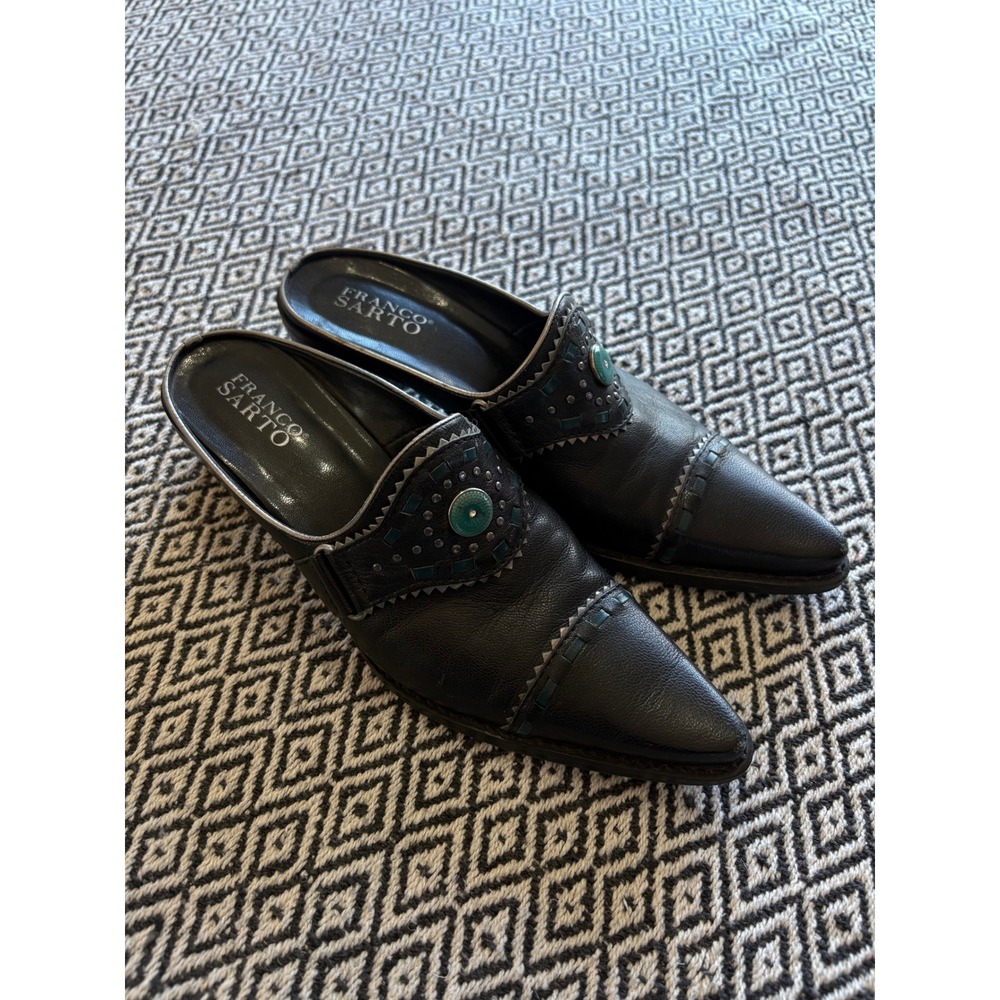 Franco Sarto Womens Black Leather Western Mules Turquoise Studded Heels 8M